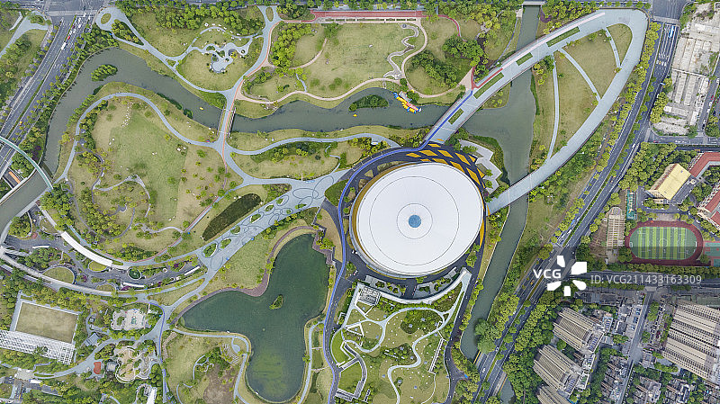 浙江杭州：航拍运河亚运公园杭州亚运会乒乓球主场馆图片素材