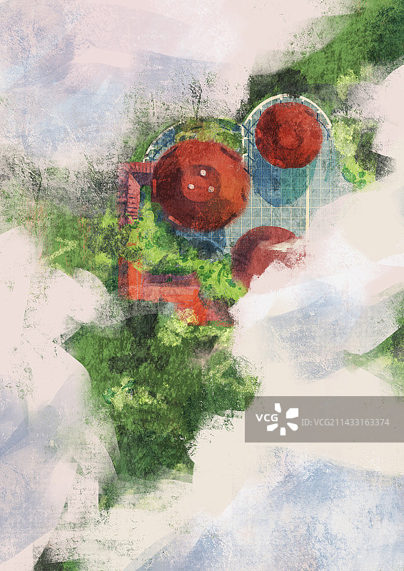 山顶小屋机理感插画红房子俯视云朵图片素材