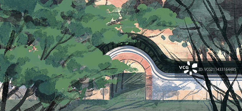 丛林里的园林艺术手绘风围墙图片素材