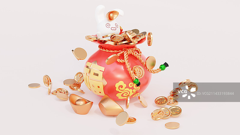 福袋金币元宝兔子C4D渲染免抠图图片素材