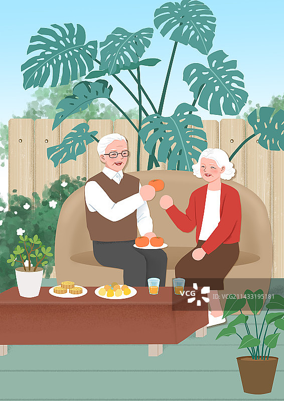 老年夫妇在院子里图片素材