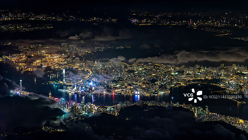 航拍香港维多利亚港夜景大场景图片素材
