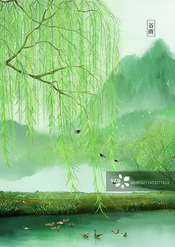 春天湖边拂堤的杨柳图片素材