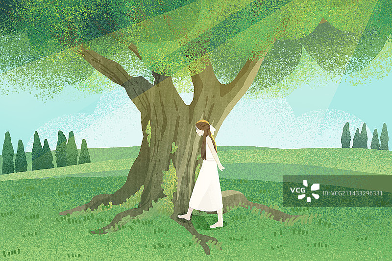 白裙子女性在大树下散步图片素材