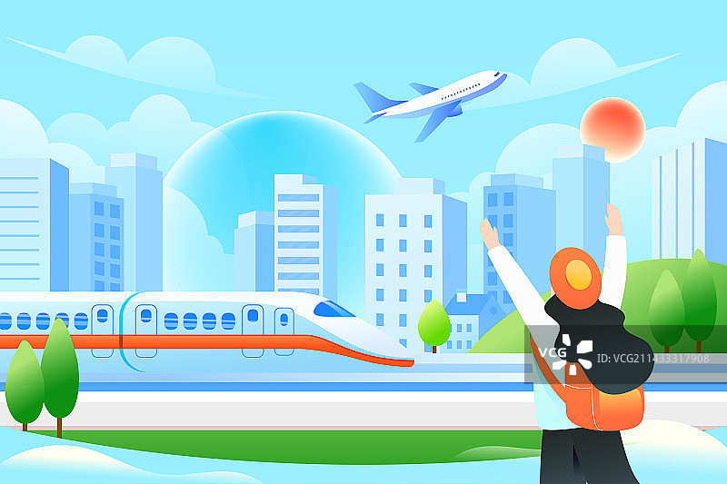 五一劳动节小长假高铁出行城市旅游度假插画图片素材