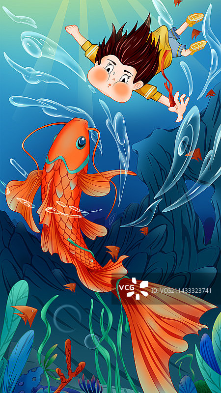 人与鲤鱼在海底相遇图片素材