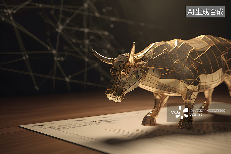 【AI数字艺术】金色三维渲染金牛雕塑，金牛牛市股票股价上涨元素背景素材图片素材