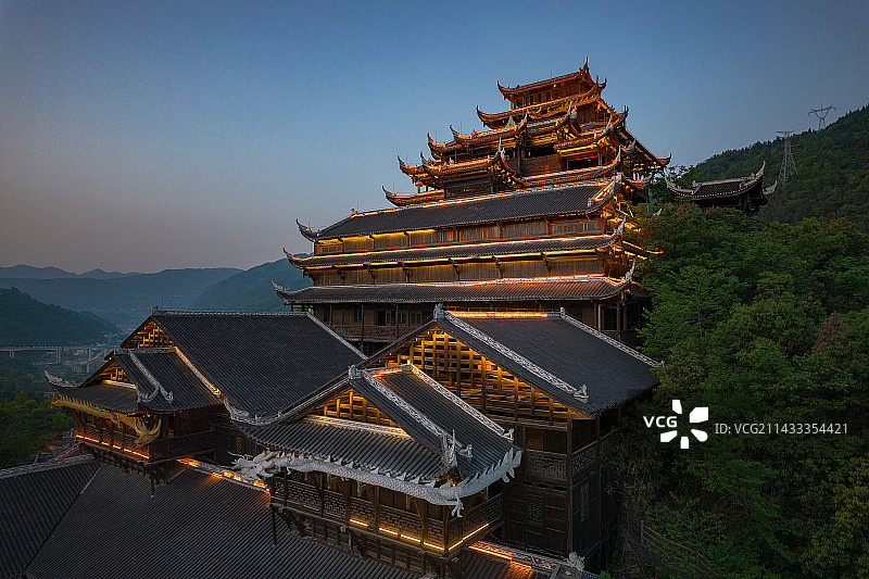 中国重庆市彭水县蚩尤九黎城景区夜景航拍图片素材