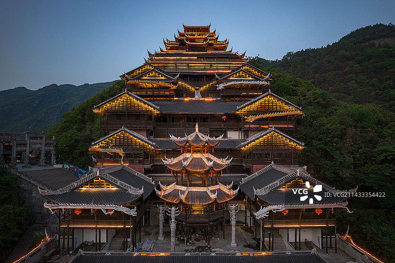 中国重庆市彭水县蚩尤九黎城景区夜景航拍图片素材