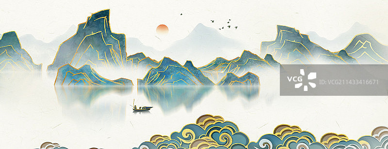 国潮风祥云装饰意境山水画背景图片素材