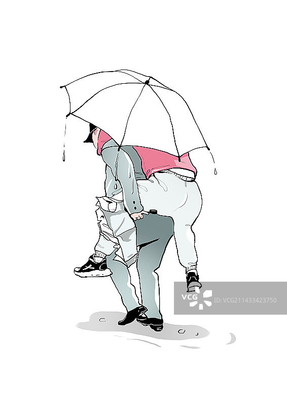 白色背景下撑伞的背着孩子的人图片素材