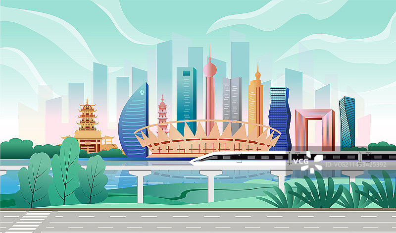 中国广东省佛山市商务科技城市彩色插画图片素材