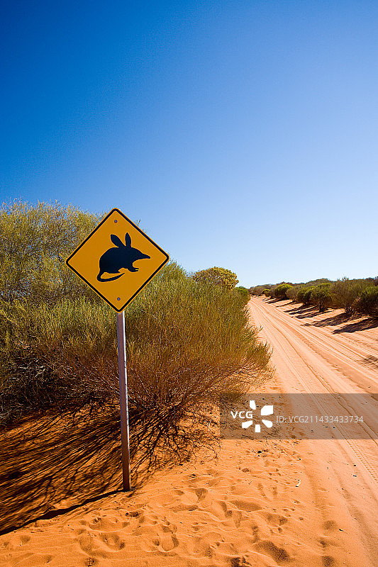 西澳大利亚土路上的兔耳袋狸过路标志图片素材