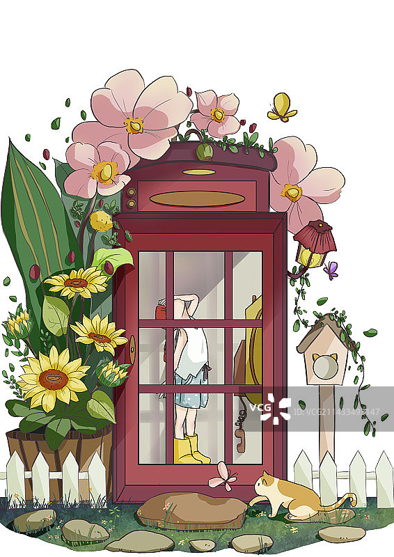 电话亭与少女图片素材