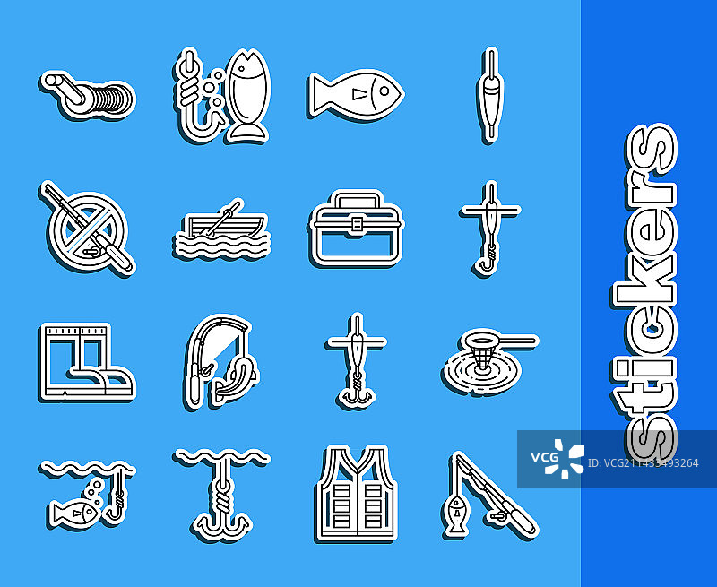 鱼线、鱼竿、渔网、水和鱼钩图标图片素材