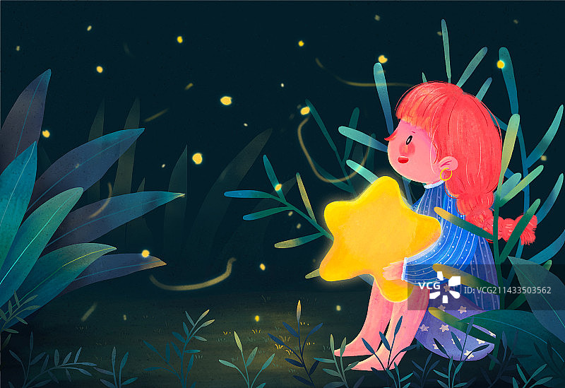 森林里坐着抱着星星的小女孩图片素材