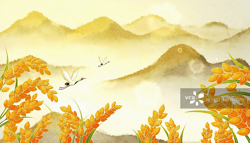 秋天稻谷山水插画图片素材