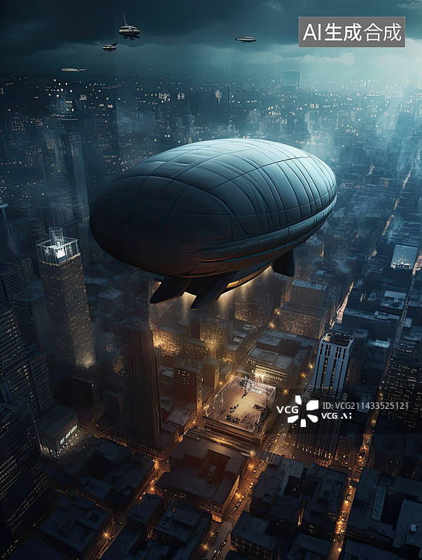 【AI数字艺术】太空飞船飞过城市群图片素材