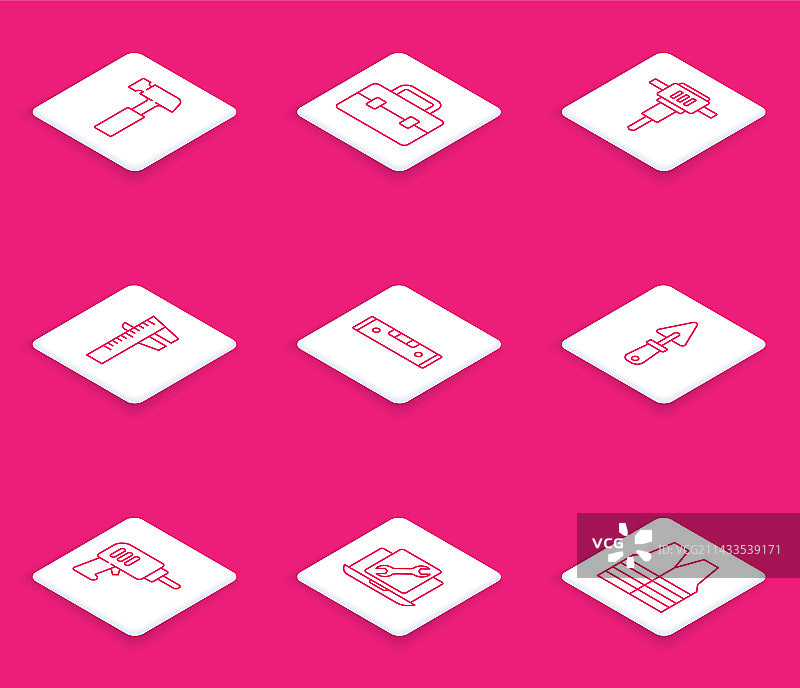 锤子、工具箱和手提钻线条图标图片素材