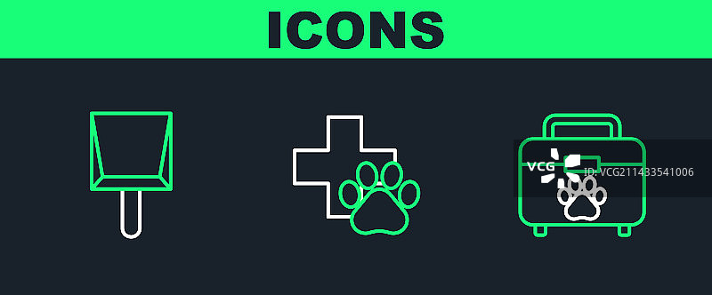 宠物用品套装：宠物急救箱、簸箕和兽医用品图片素材