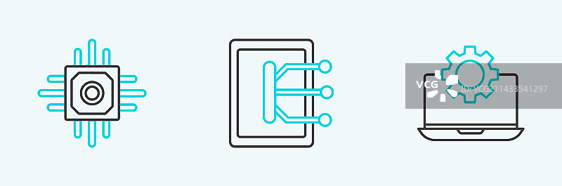 笔记本电脑、齿轮、处理器和平板电脑线稿图片素材