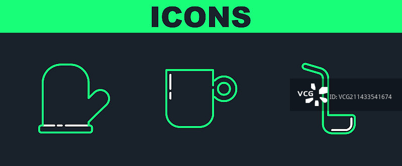 厨房用品：长柄勺、烤箱手套与咖啡杯等图片素材