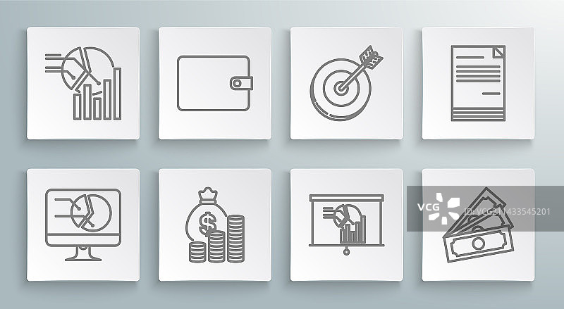 带图表钱包的电脑显示器线条组合图片素材