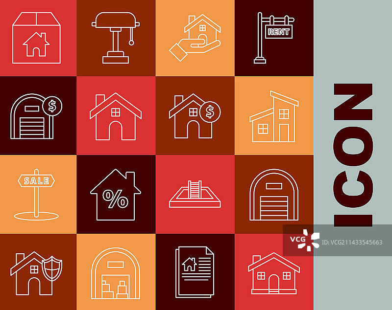 线条房屋、仓库、带美元的房地产经纪人图片素材