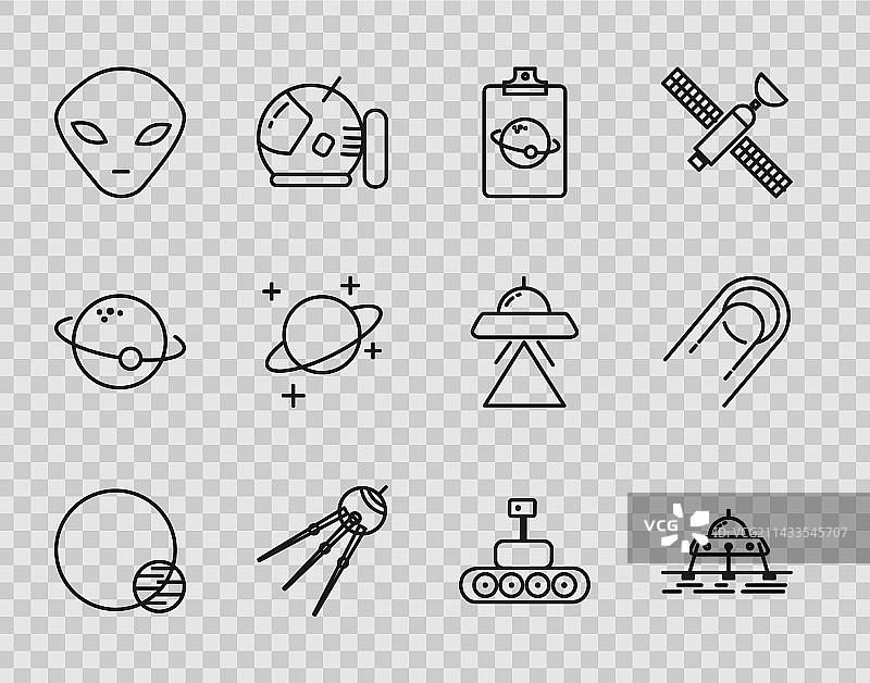 火星探测器、卫星和外星人线条图标图片素材