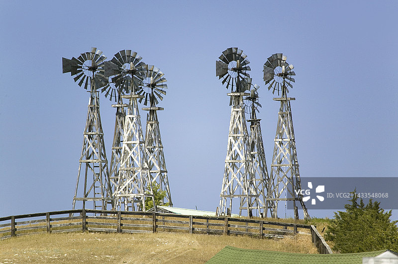 内布拉斯加州山坡上的旧木制风车图片素材