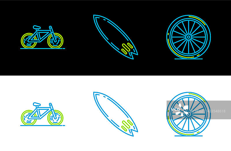 自行车车轮和冲浪板线条图标图片素材