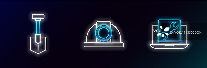 笔记本电脑、铲子和工人安全服务线条图片素材