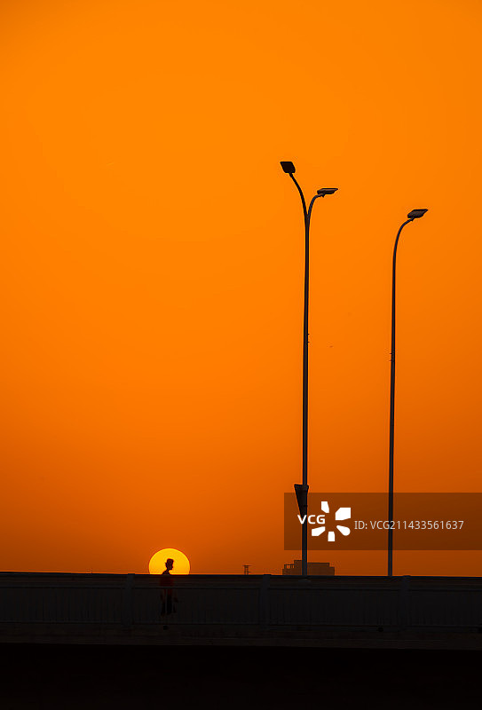 橙色天空衬托出街灯的轮廓图片素材