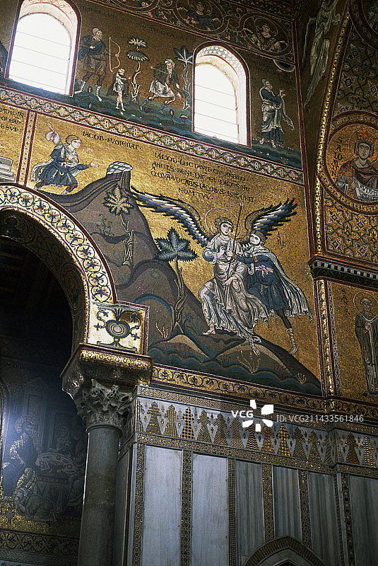 蒙雷阿莱大教堂：描绘雅各与天使摔跤的明窗玻璃马赛克图片素材