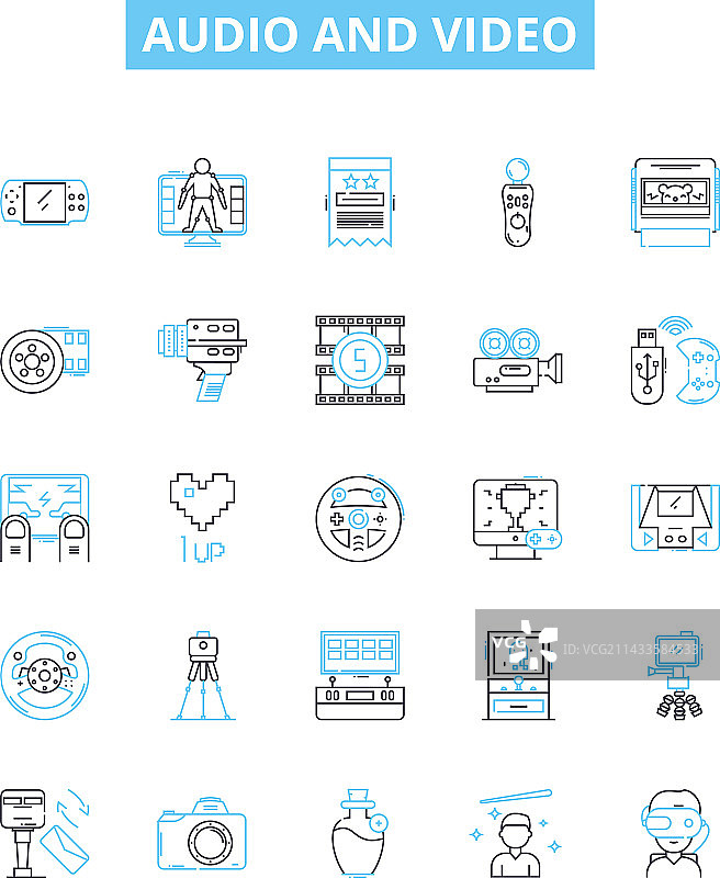 音频和视频线性图标集图片素材
