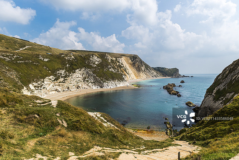 英格兰多塞特郡侏罗纪海岸马恩岛湾的粉笔悬崖和海滩图片素材