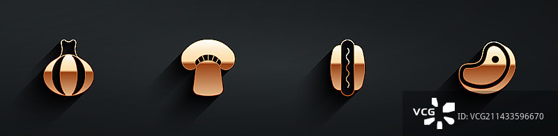 洋葱、蘑菇、热狗和牛排肉图标组合图片素材