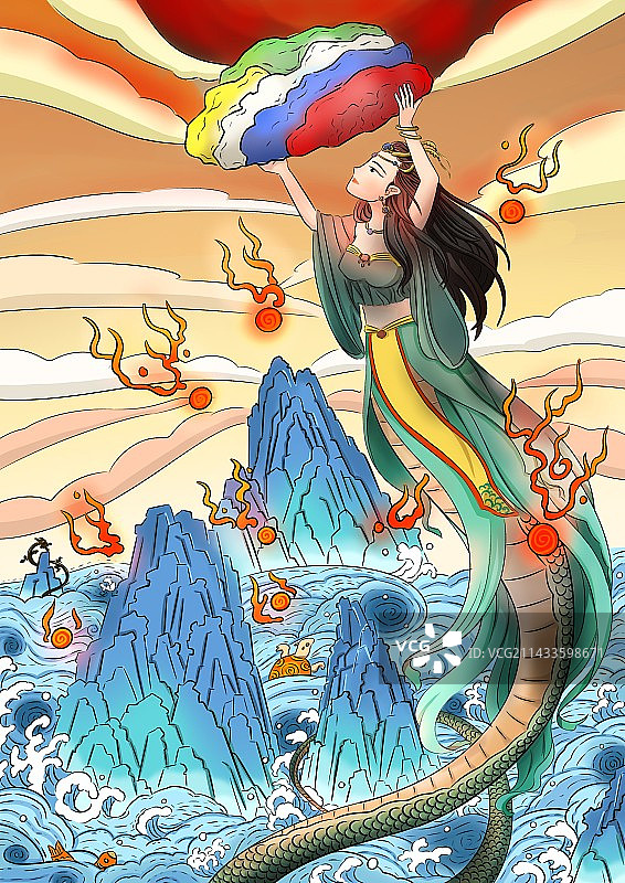 国潮神话系列之女娲补天图片素材