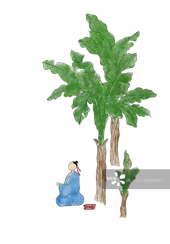 手绘水彩插画芭蕉读书图片素材