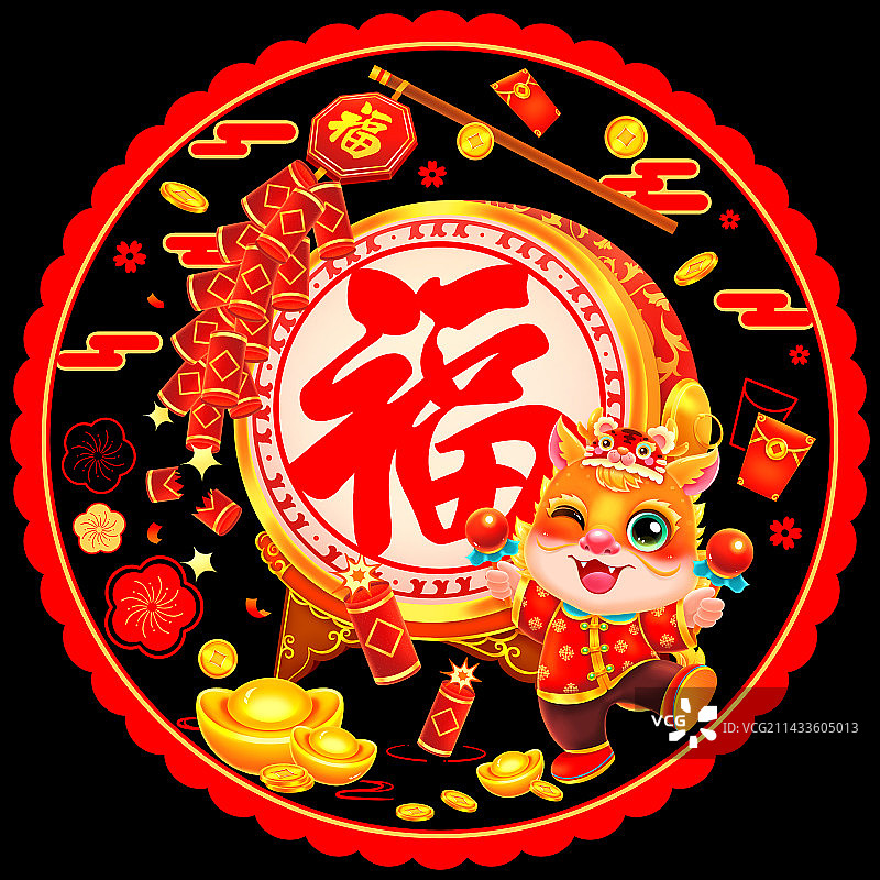 原创传统龙年打龙鼓福窗花图片素材