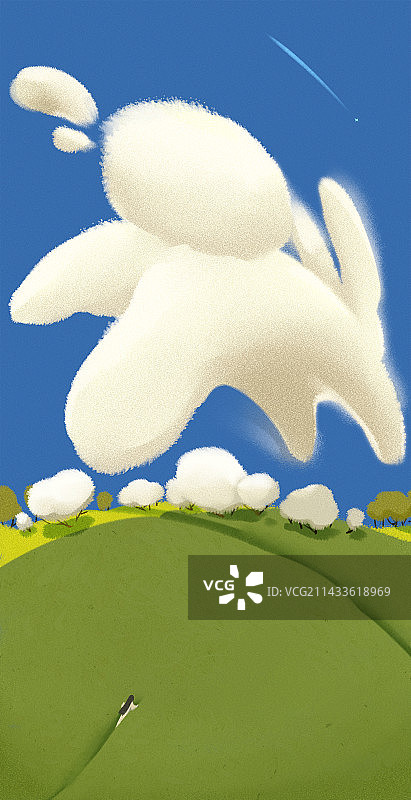 女孩追赶蓝色天空中如兔子般的云图片素材