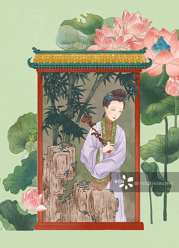 十二美人荷花插画图片素材