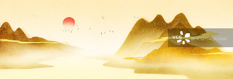 新中式风格水墨山水风景插画图片素材