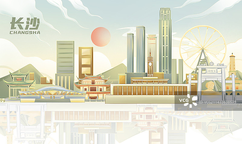 长沙城市天际线地标建筑插画图片素材
