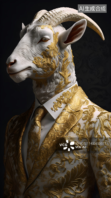 【AI数字艺术】十二生肖山羊穿高级刺绣正装创意雕塑时尚肖像图片素材