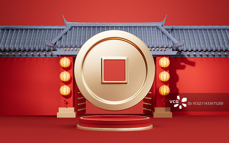 中国风金币与古风建筑3D渲染图片素材