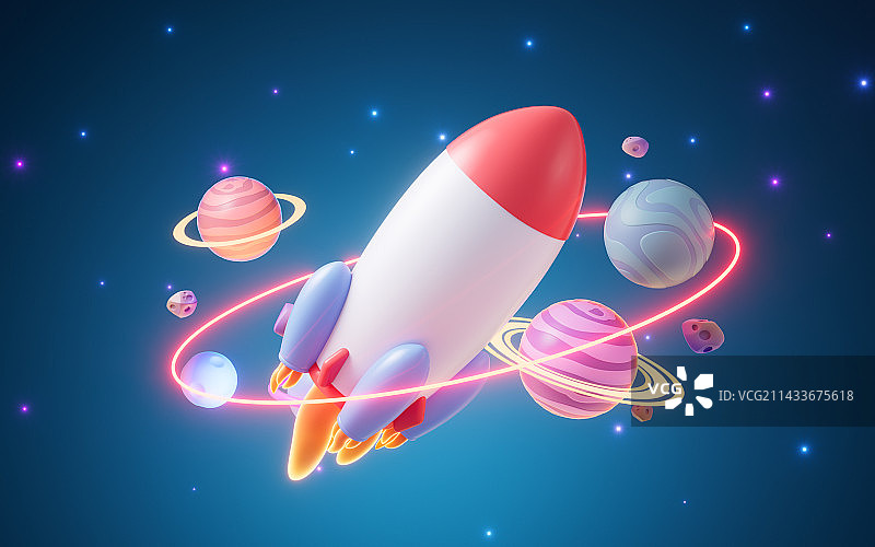 火箭与外太空卡通3D渲染图片素材