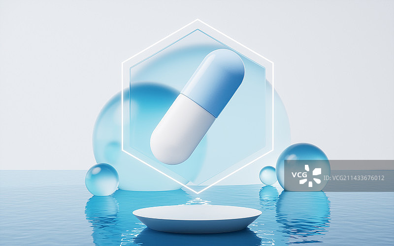 药物胶囊与水面3D渲染图片素材