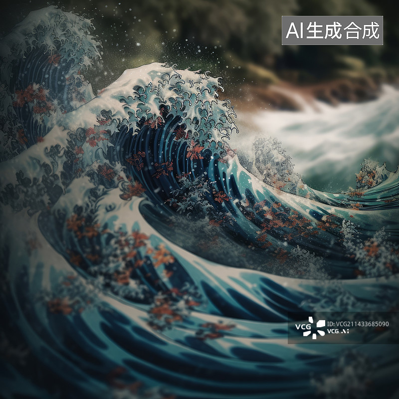 【AI数字艺术】浮世绘样式的海浪图片素材