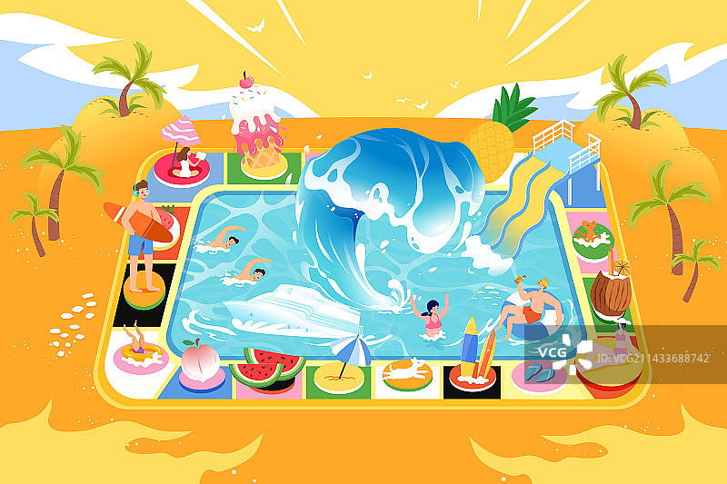 卡通夏季夏天暑期电商消费促销景点下午茶奶茶餐饮美食亲子游游泳冲浪娱乐活动休闲学生朋友生活渐变矢量插画图片素材